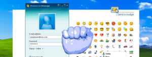 Windows Live Messenger 登入畫面，帶有表情符號和卡通拳頭，背景為天空。