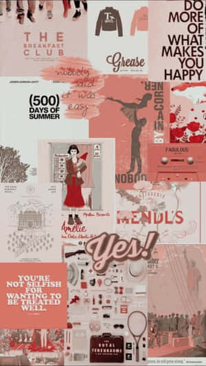 粉紅色拼貼畫，包含電影語錄、時尚單品和電影場景。 — 粉紅色 壁紙