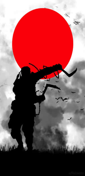 戰士剪影揮舞彎曲的刀刃，背景是紅太陽、暴風雲和飛鳥。 — 榮耀戰魂 壁紙