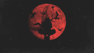 戰士剪影，鳥兒在夜間對著紅月飛翔。 — 渦卷一族 壁紙