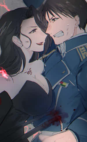 一名穿著軍裝的男子擁抱一名黑髮且肩上帶有發光紅色印記的女子。 — Pixel Tablet 壁紙