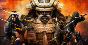武士和忍者在戰鬥中，一位跪著的女子在火熱的橙色背景中。 — 日式自然壁紙