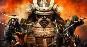 武士和忍者戰士在戰鬥中，一位跪著的女子在火紅的橙色背景中。 — 全軍破敵 壁紙