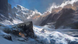 白雪覆蓋的山谷，在戲劇性的雲層下有一個發光的洞穴入口。 — 冬季風景 壁紙