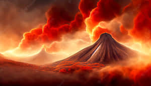 火山爆發，伴隨著火紅的雲和發光的熔岩流。 — 雕塑 壁紙