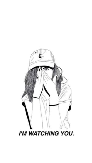 戴帽女孩用手遮臉 一隻眼睛可見 文字 我在看著你 — 鉛筆素描 壁紙