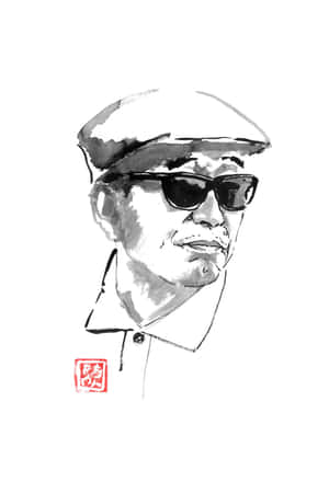 一個戴帽子和太陽眼鏡的男人的肖像，帶有紅色印章。 — Oppo Pad 壁紙