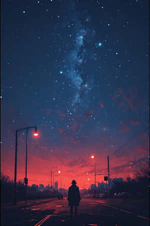 一個戴帽子的人獨自站在街道上，天空是佈滿星星的紅色和藍色，城市燈光閃爍。 — 星星 壁紙