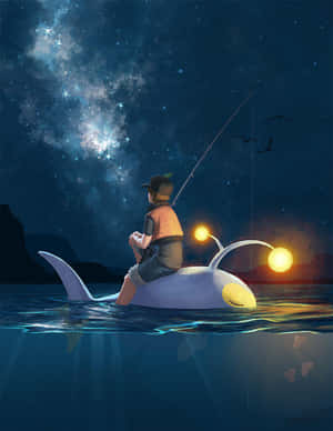 男孩在星空下從發光鯨魚上釣魚，鳥兒飛翔。 — 寶可夢 剑 盾 壁紙