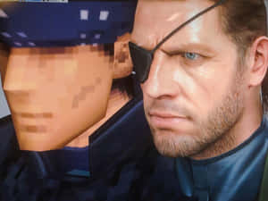 一個戴眼罩的男人在他像素化的自己旁邊。 — 戰爭機器5 壁紙