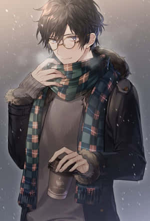 年輕動漫男子身穿冬季外套和圍巾，在雪花飄落時拿著咖啡杯。 — 美少年動態圖 壁紙