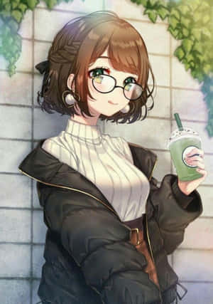 戴眼鏡的動漫女孩拿著綠色飲料靠在有藤蔓的瓷磚牆上 — 可愛動漫女孩 壁紙