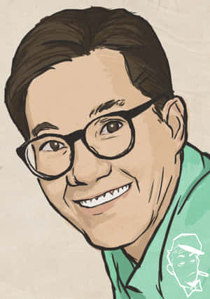 一個戴眼鏡、穿綠色襯衫的微笑男子卡通插圖。 — 日式龍 壁紙