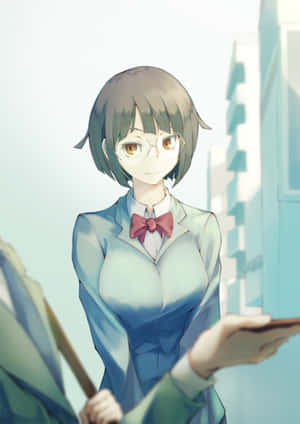 穿著校服的動漫女孩在城市背景下拿著手機，表情開朗。 — 安努舒卡·夏尔马 壁紙