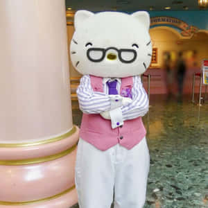 戴眼鏡和粉紅色背心的Hello Kitty吉祥物站在室內 — 白色抽象 壁紙