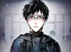 戴眼鏡的動漫男孩站在雪景室內場景 — 櫻島麻衣 壁紙