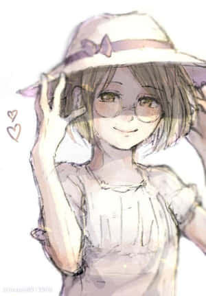 戴眼鏡和帽子的動畫女孩微笑著調整帽子。 — 小米Mix 壁紙