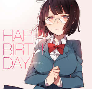 動畫女孩穿著校服，戴眼鏡和紅色蝴蝶結，為生日微笑。 — 安努舒卡·夏尔马 壁紙