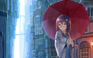 戴眼鏡的動漫女孩在雨中未來城市撐紅色雨傘。 — 1280x800 壁紙