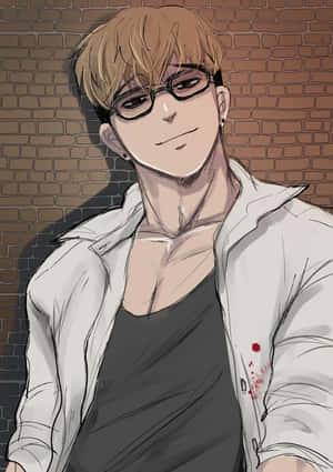 動漫男子戴眼鏡，襯衫上有血跡，靠著磚牆。 — 低調 壁紙