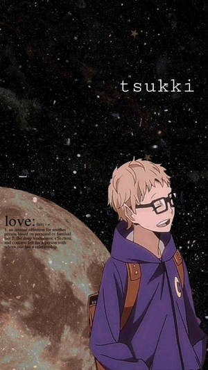 戴眼鏡的動漫男孩，紫色連帽衫，背景是星空、月亮和文字。 — 噬魂者月亮 壁紙