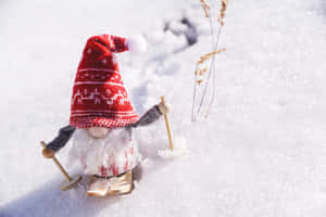 戴紅帽、白鬍鬚的節日地精在雪景中滑雪。 — 寒冷 壁紙