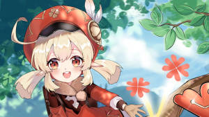 戴紅帽的動畫女孩在綠樹下微笑，周圍有飄浮的花朵。 — 原神 壁紙