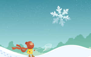 穿著冬裝的小孩在雪景中用網捕捉巨大的雪花。 — 酷寒冬季 壁紙