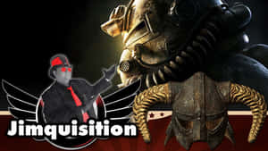 一個戴紅帽和太陽眼鏡的男人站在機器人和有角頭盔旁邊，帶有 'Jimquisition' 標誌。