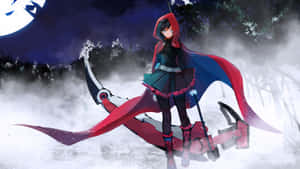 動漫女孩穿著紅色兜帽和斗篷，在夜晚的雪地森林中拿著鐮刀。 — Rwby 壁紙
