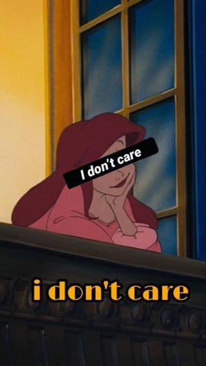 戴紅色連帽的卡通女人在陽台上得意地微笑，帶有'i don't care'文字。 — 愛麗兒 GIF 壁紙