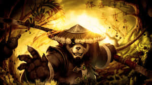 熊貓戰士手持棍棒，被火焰和漢字包圍。 — 酷炫遊戲 壁紙