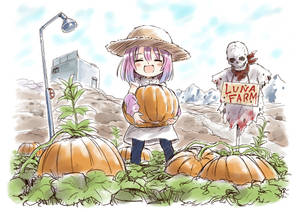 動漫女孩在 Luna Farm 拿著南瓜與骷髏稻草人。 — 插畫 壁紙