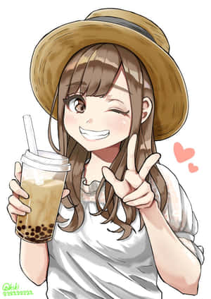 戴草帽的動漫女孩拿著珍珠奶茶，並帶著心形做出和平手勢。 — 搞笑動漫 壁紙