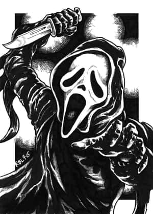 Ghostface恐怖角色在黑白插圖中手持刀。 — 萬聖節暗黑 壁紙