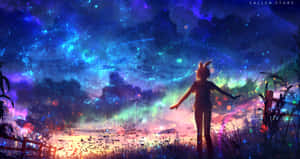 戴兔耳朵的女孩站在星空極光下的田野中 — 動畫女孩 壁紙