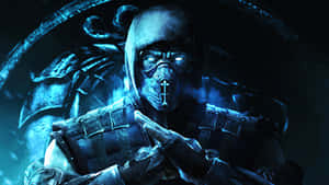 Mortal Kombat 角色在深藍色燈光下，眼神發光並做出手勢。 — 真人快打 蠍子 vs 零度 壁紙