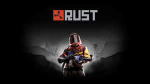 一個戴著兜帽的倖存者在黑暗的森林中拿著步槍，上方有RUST遊戲標誌。 — 鏽蝕 壁紙
