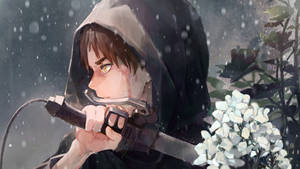 動漫戰士在雨中持劍，臉上帶血，旁邊有白花。 — 進擊的巨人 壁紙