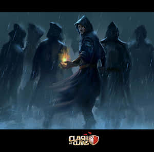 一個戴著兜帽的戰士在暴風雨中手持發光球體，陰影人物包圍著他。 — 魔法動圖 壁紙