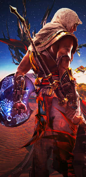 戰士在暮色沙漠中手持發光盾牌和劍，星空下 — 電玩遊戲 GIF 壁紙