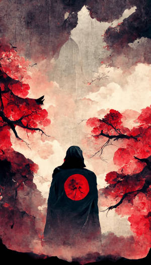一個戴著兜帽的身影在紅色櫻花下仰望迷霧中的山峰。