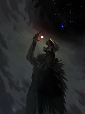 一個戴著兜帽的怪物在繁星點點的夜空下握著一個發光的球體。 — 夜晚 壁紙