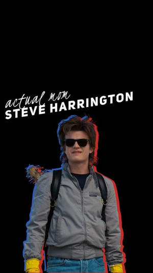 男人戴著太陽眼鏡和背包，帶有紅色藍色輪廓和文字 actual mom STEVE HARRINGTON。 — 凱里·厄文 壁紙