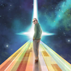 戴太陽眼鏡的男人在彩虹路上走向太空中的宇宙光。 — 李小龍 壁紙