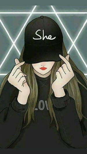 戴著寫有 'She' 的黑色帽子的女孩在霓虹網格前做出手指愛心手勢。