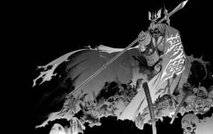黑白漫畫風格的武士，手持刀劍和骷髏，站在倒下的敵人之上。 — 混沌武士 壁紙
