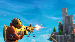 Fortnite玩家在明亮的藍天和岩石地形中發射機槍。 — 要塞英雄 大逃殺 壁紙
