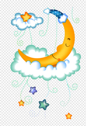 戴著星星帽的微笑月亮漂浮在雲朵上，伴有流星。 — 可愛 壁紙