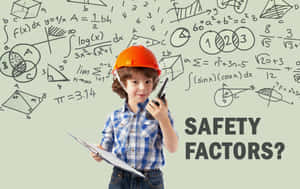 戴安全帽的小孩拿著對講機和記事板，牆上有數學方程式和safety factors文字。 — 男孩 壁紙